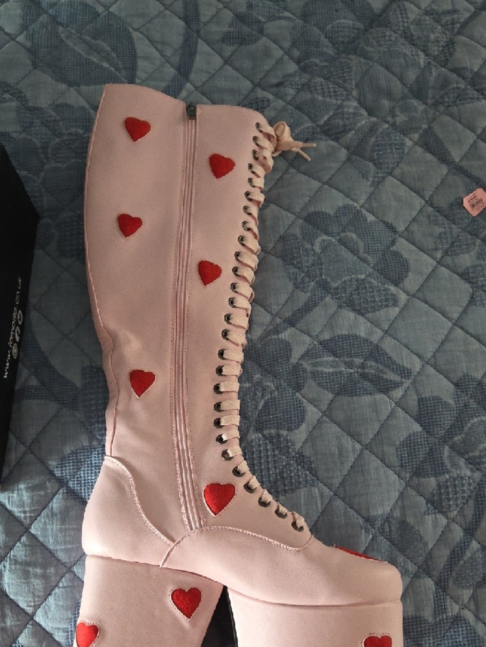 Pink Platform Lace-Up Boots with Red Heart Appliqués - Picture 2 of 5